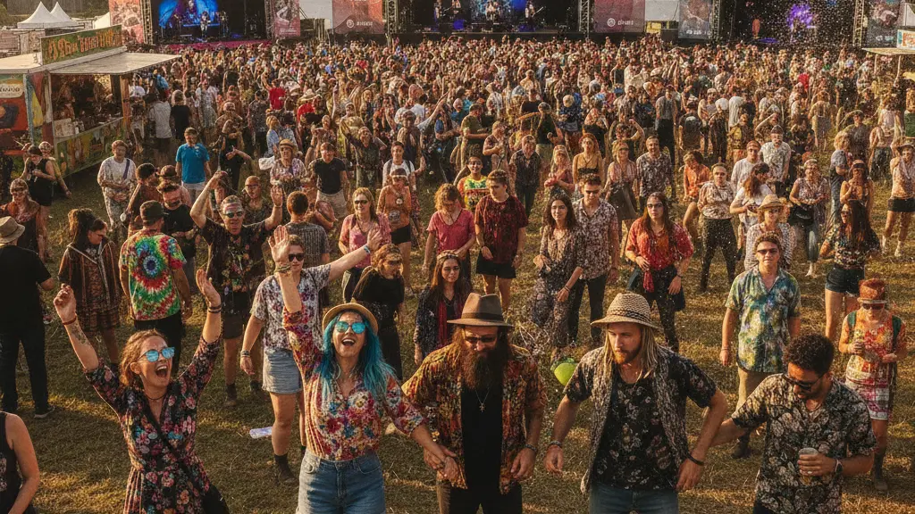 A lively scene from the Hurricane Festival in Scheeßel, Germany, featuring diverse festival-goers dancing and enjoying live music, set against a bright blue sky and greenery, symbolizing joy and community during the festival's 30th anniversary.