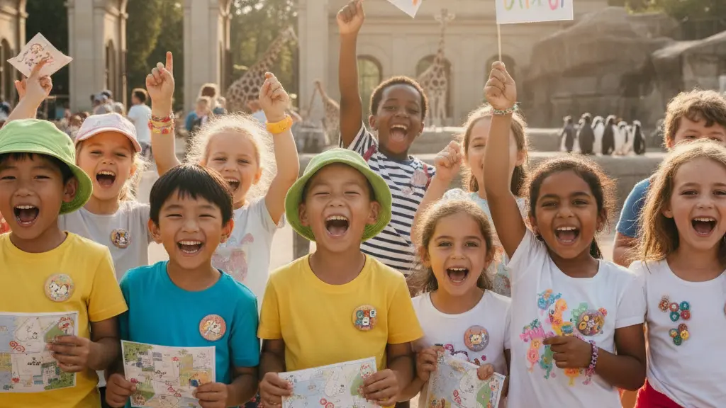 A group of diverse children joyfully participating in activities at Leipzig Zoo for International Children's Day, with smiles and colorful outfits, as they engage in the 'Children's Rights' rally, set against the zoo's iconic entrance.