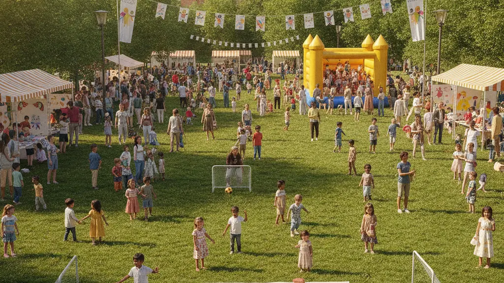 A vibrant scene of children and families celebrating International Children's Day in South Park, Spandau, Berlin, surrounded by fun activities promoting children's rights. Children of diverse backgrounds play games and engage with cheerful adults, all set against a backdrop of recognizable Spandau architecture under bright and cheerful lighting.