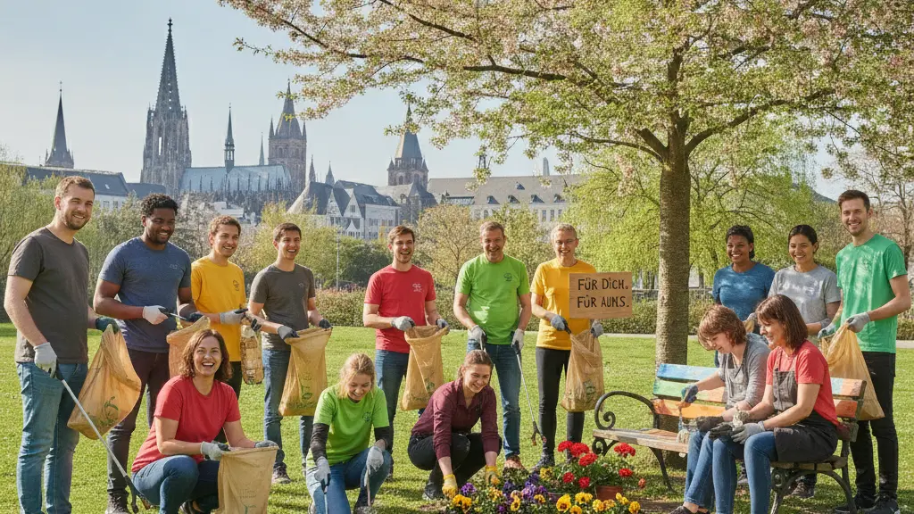 A diverse group of volunteers joyfully participating in a community clean-up initiative in a vibrant urban park in Germany, showcasing teamwork and civic pride.