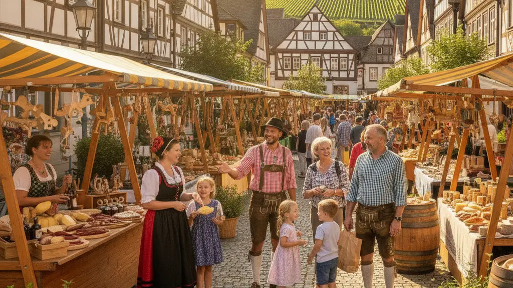 A vibrant marketplace scene in Oberkirch during the Heimattage Baden-Württemberg 2026, showcasing 56 exhibitors engaging with visitors amidst traditional regional architecture and cultural elements.