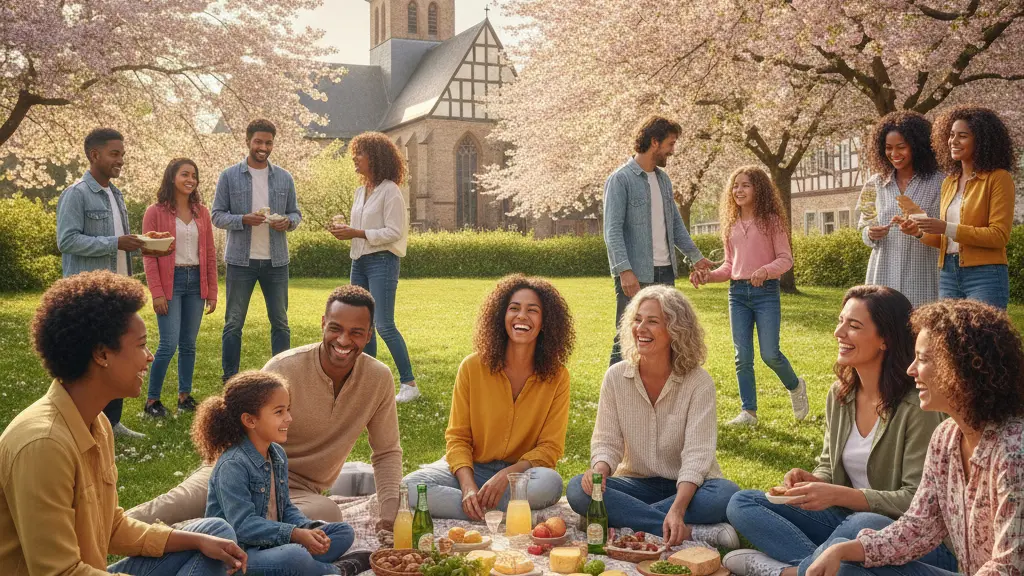 A joyful gathering of a diverse family enjoying a picnic in a sunny park on Pentecost Monday, with traditional foods, historic landmarks, and blooming trees in the background, symbolizing togetherness and celebration.