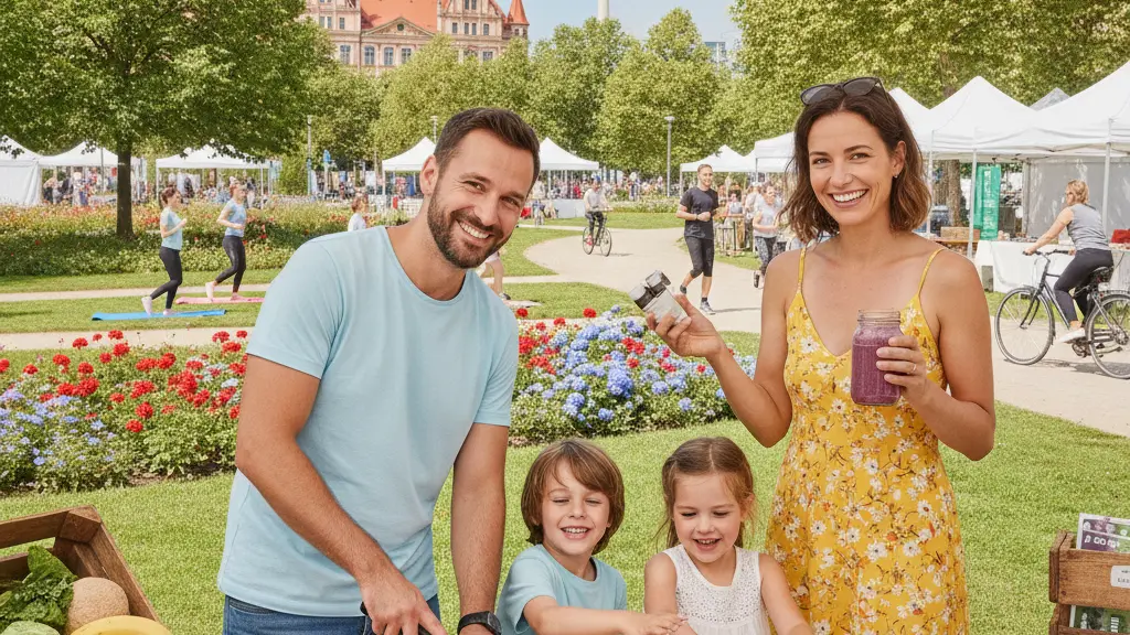A vibrant urban park in Germany during a health fair, featuring a diverse family engaging in a cooking demonstration of healthy recipes, surrounded by fresh produce and joyful activities, reflecting a community spirit focused on health and wellness.