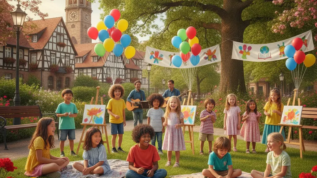 A diverse group of children joyfully celebrating International Children's Day in a sunny park, playing together amidst vibrant decorations and traditional German architecture.