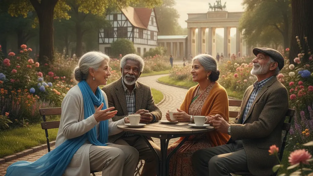 A diverse group of four elderly individuals happily discussing in a sunlit park, surrounded by greenery and iconic German architecture, symbolizing the joy of community and engagement in retirement.