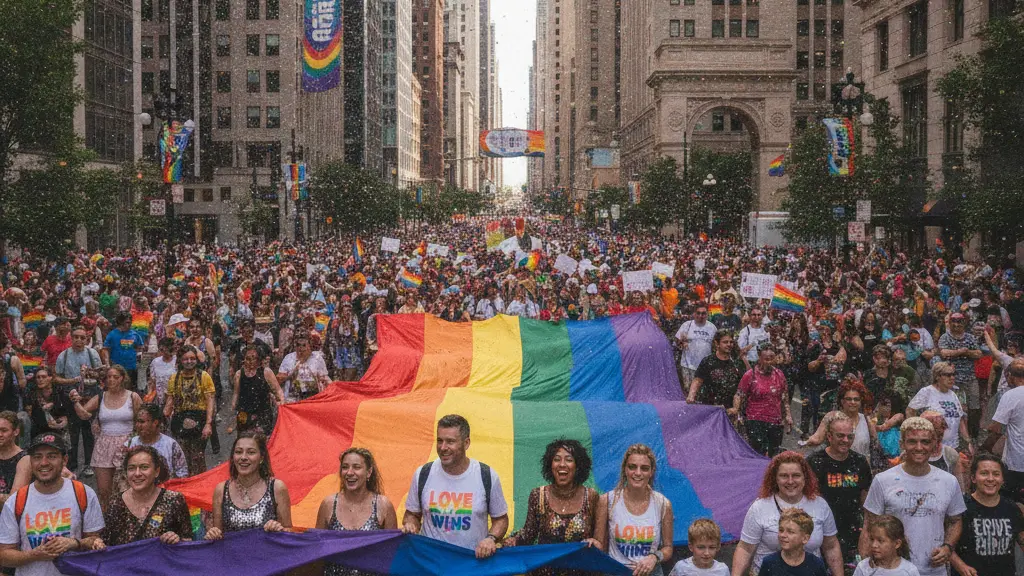 A vibrant urban pride parade with diverse participants joyfully celebrating LGBTQIA+ identities, holding a massive rainbow flag in a major city, featuring iconic architectural landmarks in the background, embodying unity and inclusivity in daylight.