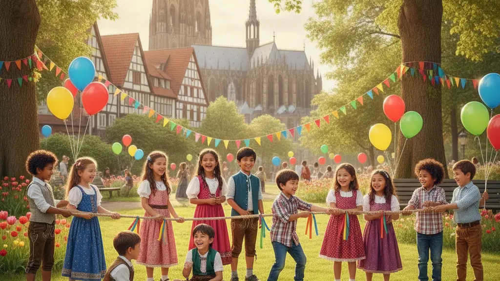 A vibrant park scene celebrating International Children's Day, featuring diverse children aged 5 to 10 playing together joyfully, surrounded by colorful decorations, lush greenery, and hints of German architecture in the background.
