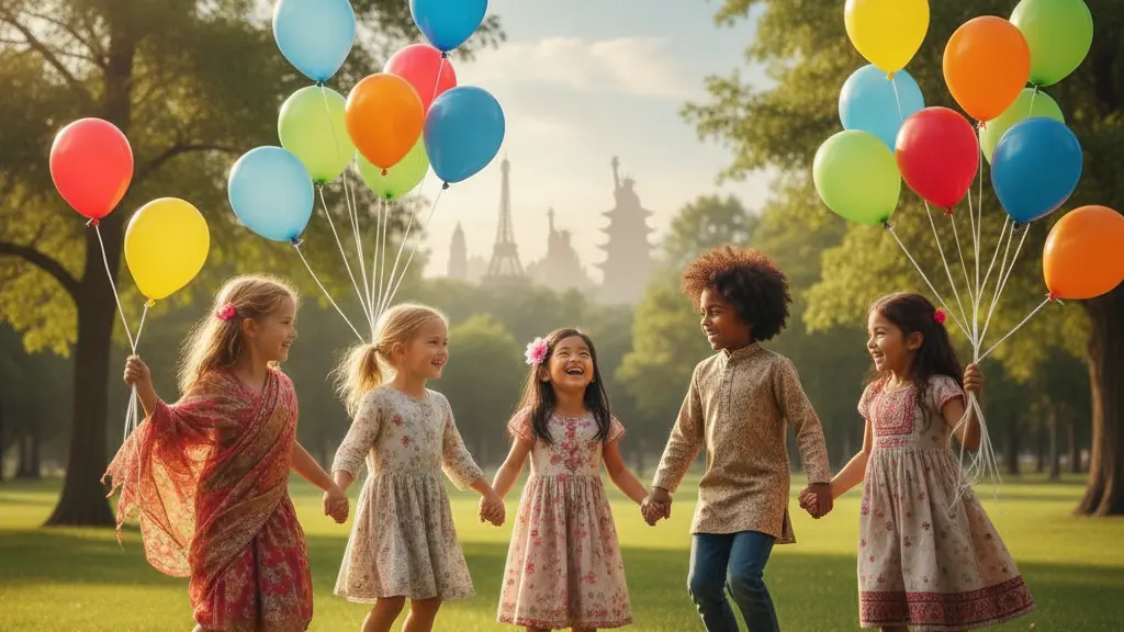 A diverse group of children joyfully celebrating World Children’s Day in a park, holding hands and laughing amidst colorful balloons, with cultural attire and landmarks from around the world subtly included in the background.