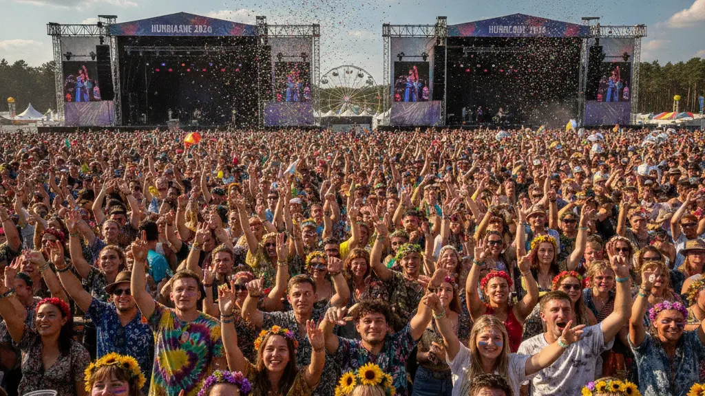 A vibrant scene at the Hurricane Festival 2026 in Scheeßel, Germany, featuring a diverse crowd of festival-goers joyfully engaged in the festivities, with recognizable architecture and natural elements in the background, capturing the spirit of unity and celebration.