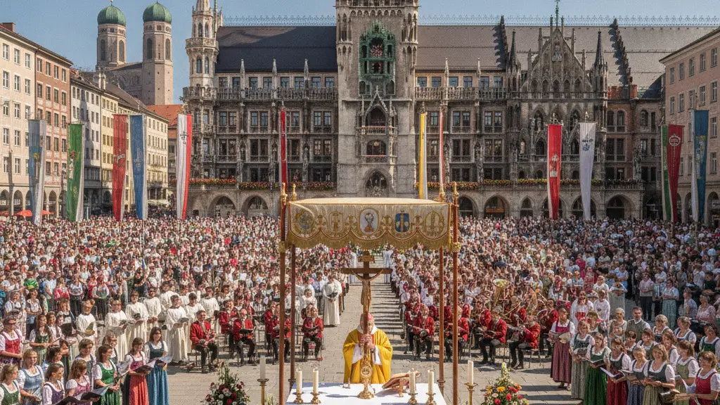 A lively Fronleichnam celebration at Marienplatz in Munich with over 10,000 attendees, featuring Cardinal Reinhard Marx officiating at a grand altar set against the New Town Hall, surrounded by a diverse community in traditional clothing, yellow soutanes, and a festive atmosphere decorated with flowers and banners under a clear blue sky.