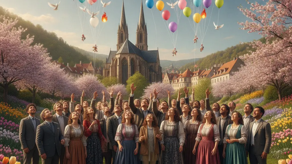 A diverse group of people joyfully celebrating Pentecost by releasing colorful balloons into a sunny park, with symbols of the Holy Spirit in the background, representing community and togetherness.