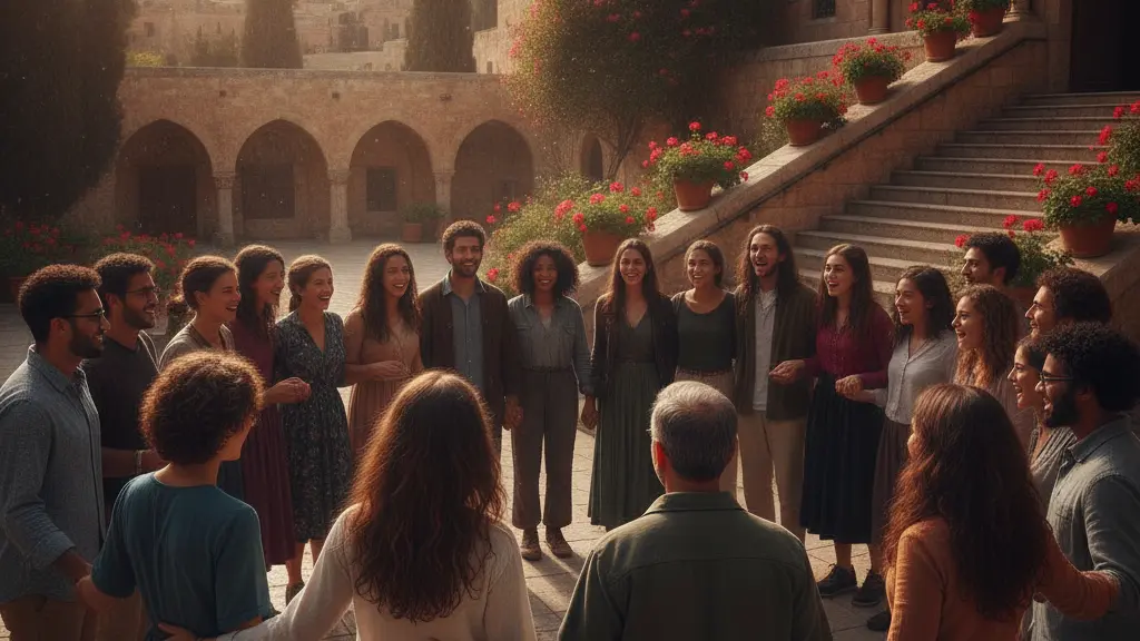 A diverse group of joyful individuals celebrating Pentecost outdoors, embodying inclusiveness and community spirit amidst an environment inspired by Jerusalem's historical architecture.