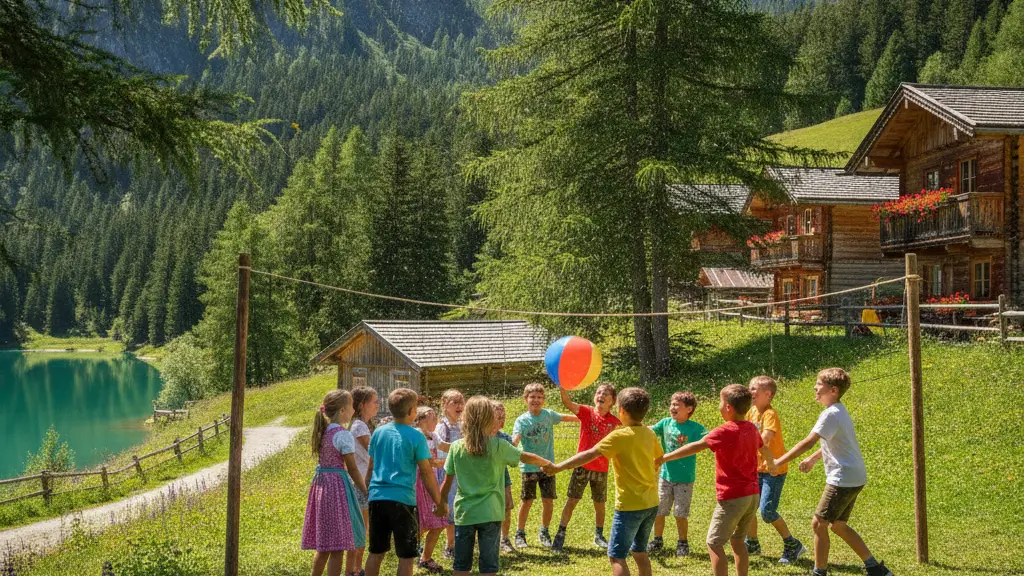 A group of diverse children joyfully playing a game at a summer camp in Austria, surrounded by lush mountains and traditional wooden structures, under a clear blue sky.