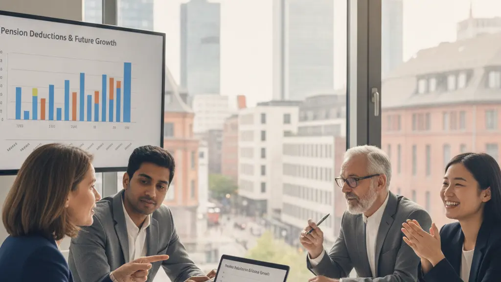 A group of diverse public officials engaged in a discussion about pension contributions in a modern conference room, with a cityscape visible through large windows, reflecting a progressive approach to social policy.
