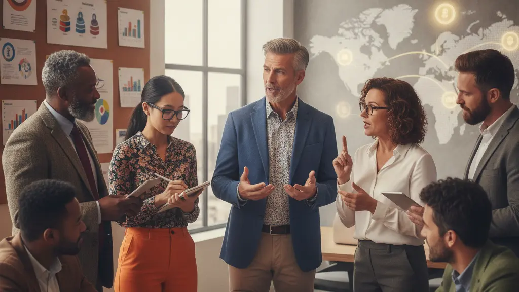 A diverse group of professionals in a modern office engaging in a discussion about pension reform, showcasing collaboration among different generations and backgrounds, with elements of a warm and inviting workspace.
