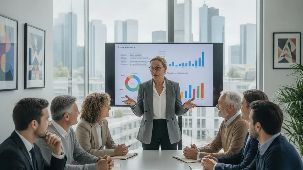 A diverse group of professionals engaged in a discussion about pension reform in a bright conference room, showcasing various age groups and backgrounds, with a digital screen displaying visual data behind a woman leading the conversation.