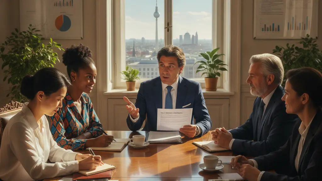 A diverse group of individuals engaged in a discussion about tax reform around a wooden table in a sunlit conference room in Berlin, featuring a Mediterranean male politician presenting ideas, an Asian female economist taking notes, and an African-American female activist listening attentively, against a backdrop of a modern cityscape.