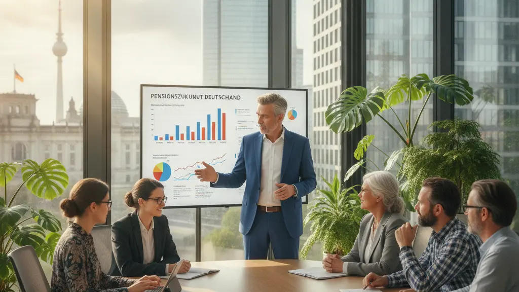 A modern German office scene depicting diverse employees discussing pension reform. The central figure, Wolfgang Steiger, presents ideas on a digital whiteboard surrounded by an engaged team. The background features elements of contemporary German architecture, and sunlight streams through large windows, creating a bright and inviting atmosphere.