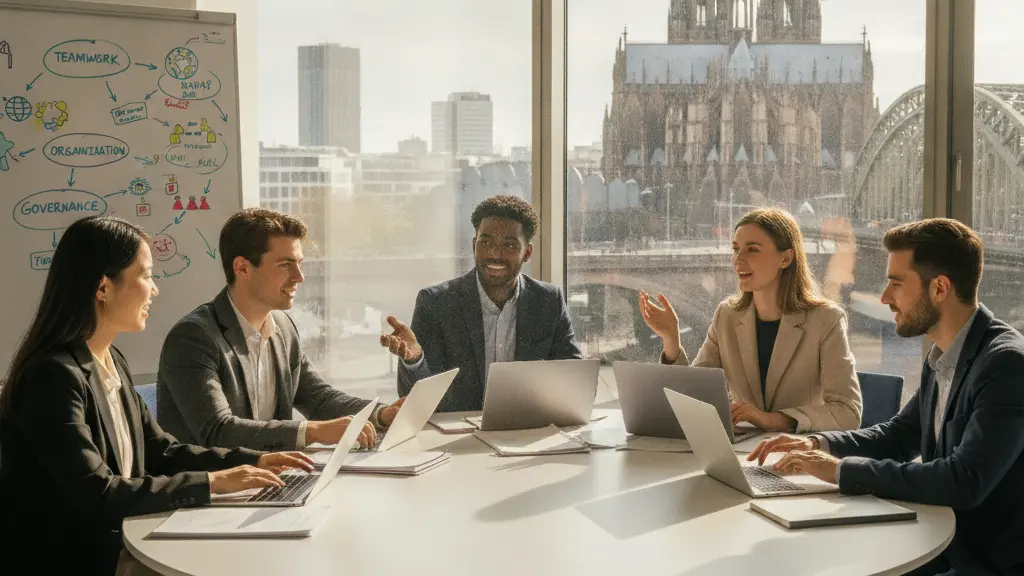 A diverse group of students in a modern classroom engaged in a discussion, with a city skyline visible through the window, depicting a positive and collaborative learning atmosphere centered around public administration.