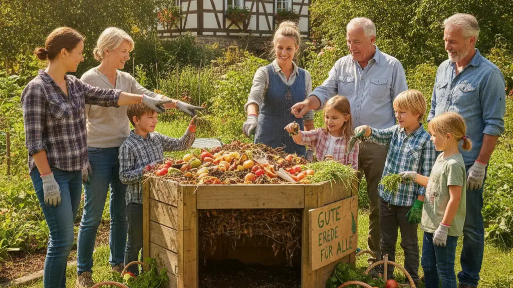 A vibrant community garden scene depicting a diverse group of adults and children joyfully engaging around a central compost bin, set against a backdrop of lush greenery and a traditional half-timbered house, conveying a positive message about sustainable waste management.