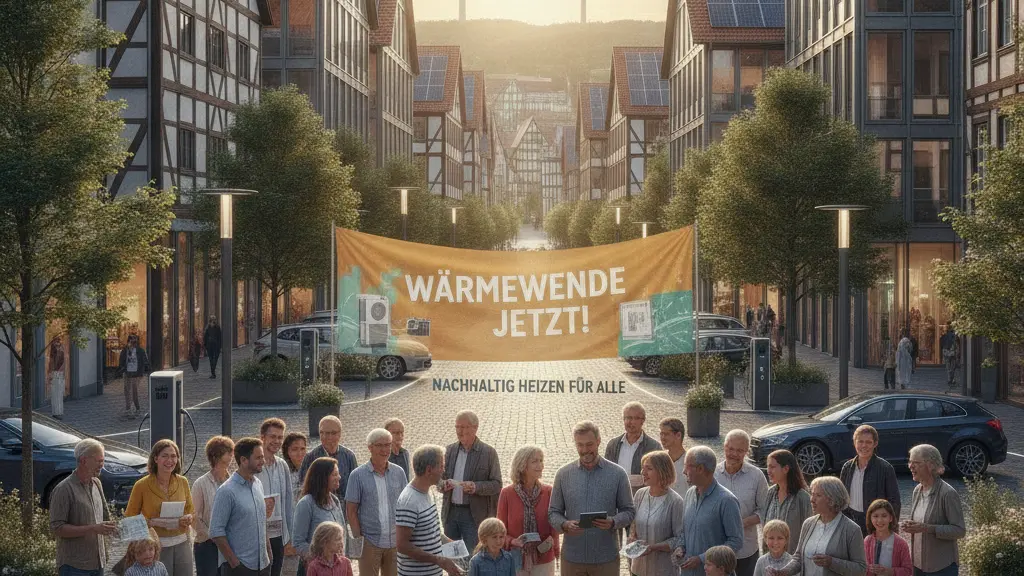 A diverse group of people discussing sustainable heating solutions in a modern German cityscape with traditional and modern architecture, wind turbines, and electric vehicle charging stations.