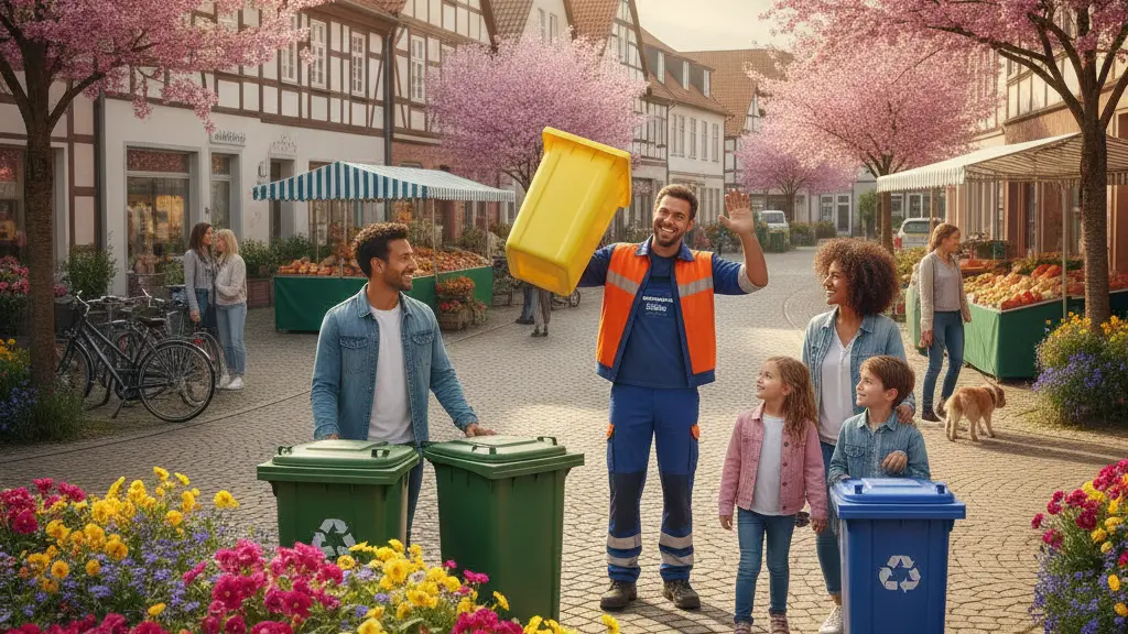 A friendly waste collection worker interacting with a diverse family on a sunny spring day in Selm, Germany, in front of traditional half-timbered houses and blooming flowers.