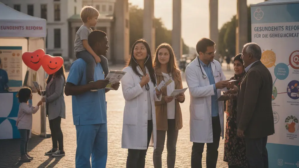 A diverse group of healthcare professionals engaging with families at a community health fair in a modern German city, emphasizing support and cooperation in health reform.