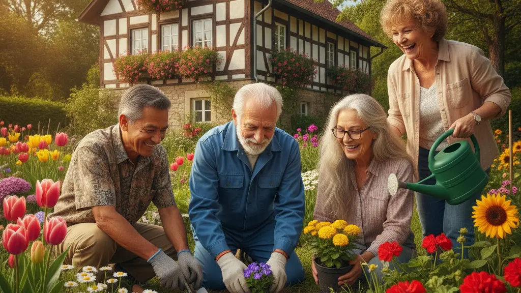 A diverse group of happy elderly people gardening together in a community garden in Germany, surrounded by colorful flowers and a picturesque cottage, symbolizing hope and resilience amidst healthcare challenges.