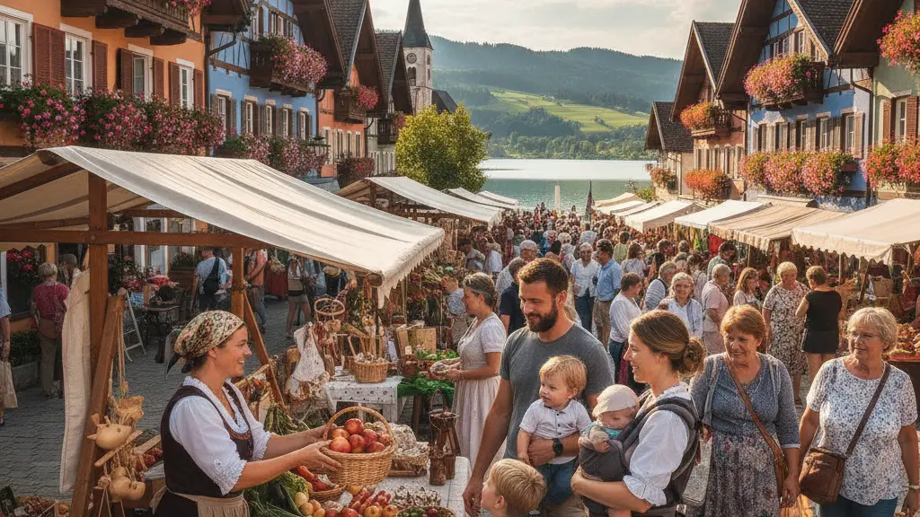 A vibrant market scene in Murnau, Germany, showcasing cheerful vendors and families in a picturesque town square with traditional Bavarian architecture and beautiful natural scenery of hills and lake in the background, embodying community spirit and warmth.