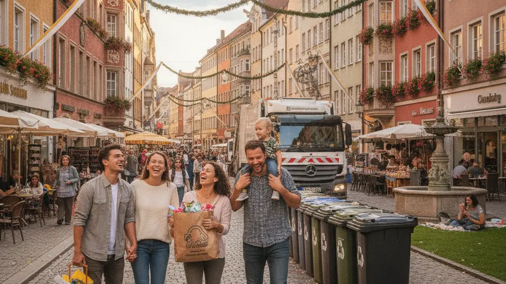 A vibrant urban street scene in Munich during the Pentecost holiday, featuring people enjoying festive activities, traditional architecture, and elements of waste collection, all under a bright blue sky.