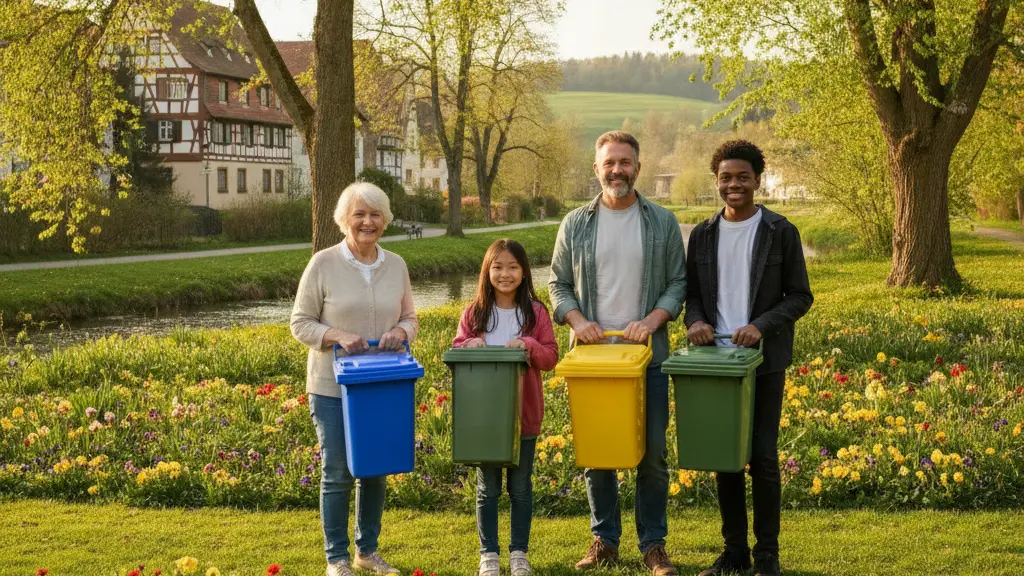 A diverse group of four people joyfully holding colorful recycling bins in a lush green park in Kaufbeuren, Germany, representing teamwork and environmental awareness during the holidays. The background features traditional German architecture, blooming flowers, and vibrant greenery, creating a warm and uplifting atmosphere.