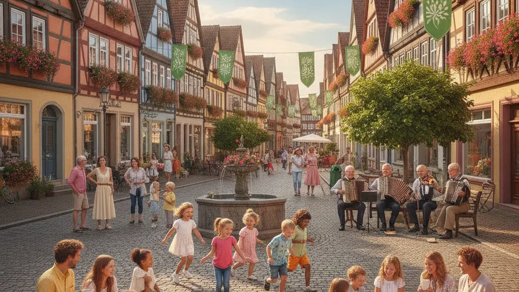 A joyful community scene in Bad Langensalza, Germany, showcasing people of diverse backgrounds enjoying a sunny day in the town square, with traditional German architecture and vibrant flowers, exuding positivity and togetherness.