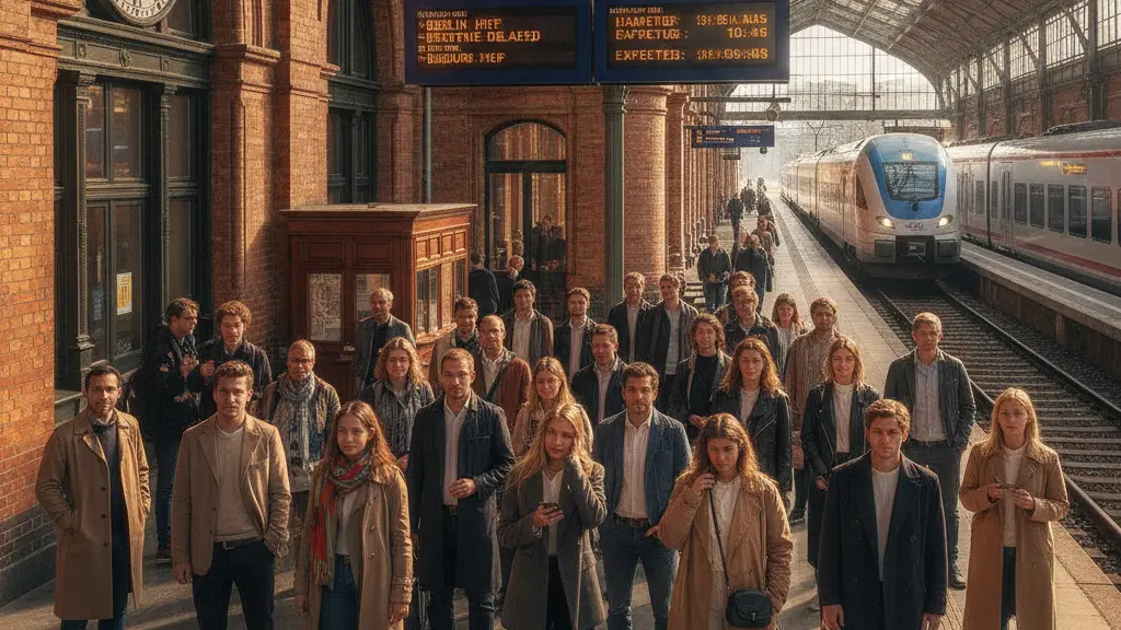 An ultra-realistic depiction of Wittenberge train station, showing diverse commuters on a bustling platform after the reopening of the Berlin-Hamburg railway line. The scene captures emotions of anticipation and frustration, featuring the historic station's architectural details and trains in the background.