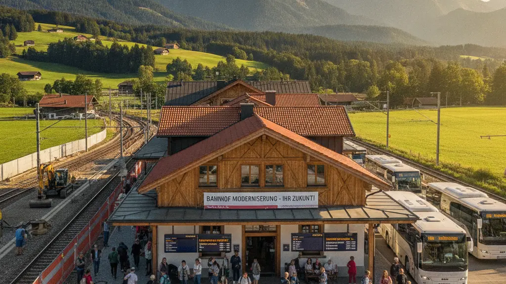 A bustling train station in the Allgäu region of Germany, showcasing commuters and families in front of modern architecture, with lush green mountains in the background, emphasizing temporary construction and replacement bus services.