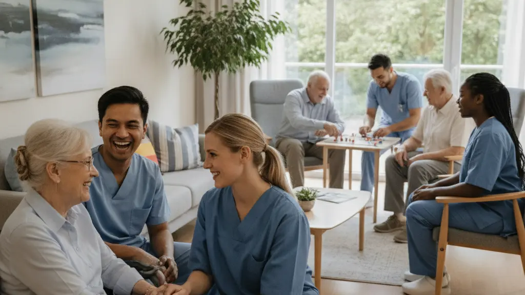 A diverse group of healthcare professionals and caregivers providing compassionate support to elderly individuals in a modern care facility, showcasing warmth and human connection in a contemporary German setting.