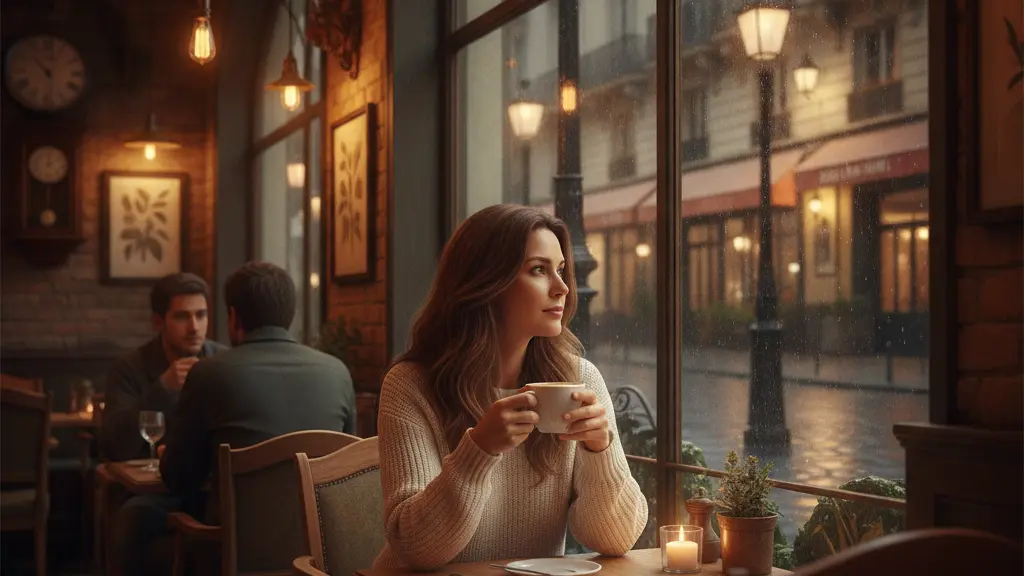 A photorealistic image of a woman in a cozy night café, holding a cup of coffee while gazing out at a rain-soaked street illuminated by vintage lamps, capturing a serene and introspective moment.