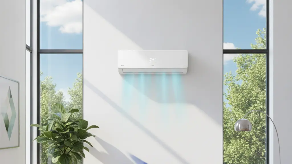 A modern split air conditioning unit elegantly installed in a stylish living room, with sunlight streaming through large windows and lush greenery visible outside, representing comfort and efficient cooling.