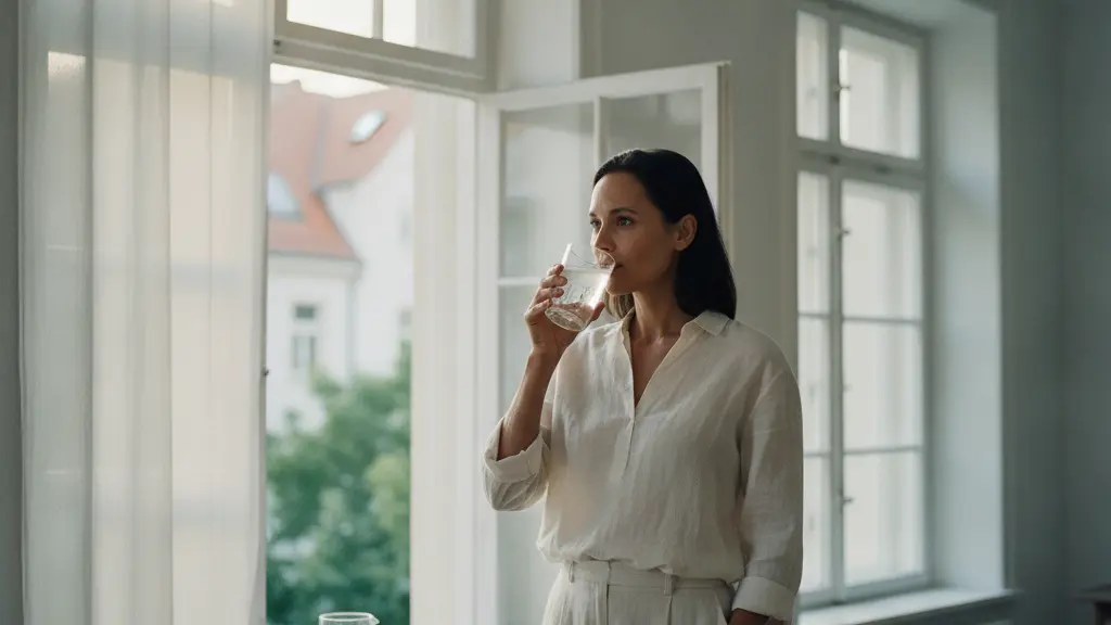 An ultra-realistic, eye-level photograph shows a serene individual, mid-30s, dressed in light linen, taking a refreshing sip from a glass of ice water. They are centered in a cool, well-lit German Altbau apartment, with soft, filtered sunlight and a subtly blurred background hinting at German urban architecture through a partially open window. The image conveys calm, comfort, and effective heat management during a heatwave, with no text or distracting elements.