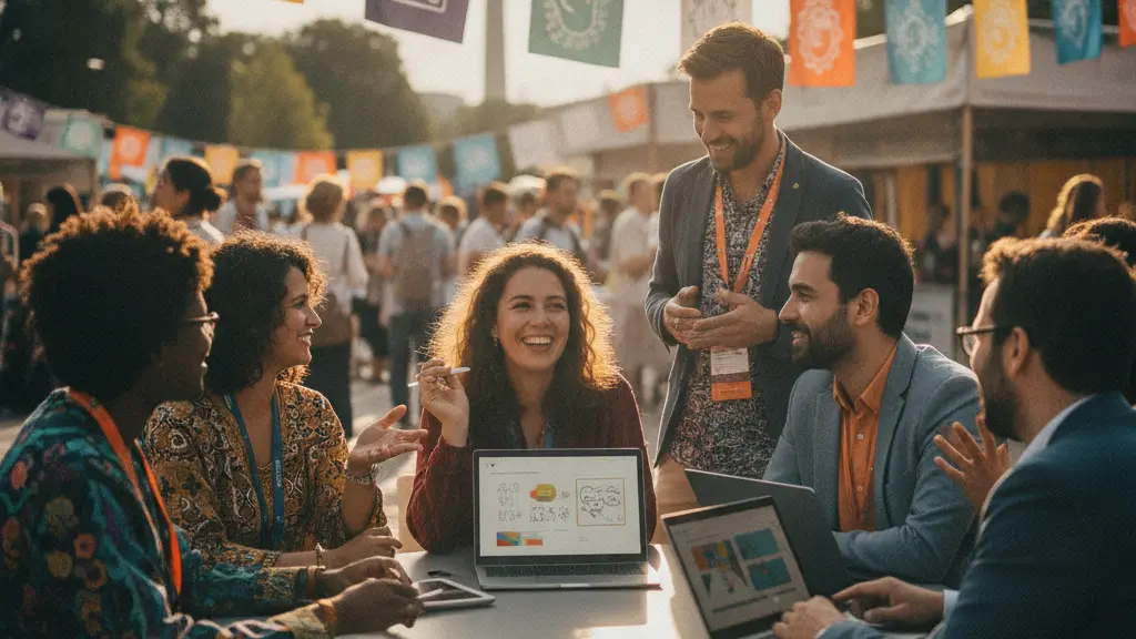 A vibrant scene from the Creative Bureaucracy Festival in Berlin, showing diverse participants engaging in discussions amidst recognizable Berlin landmarks, embodying creativity and democratic innovation.