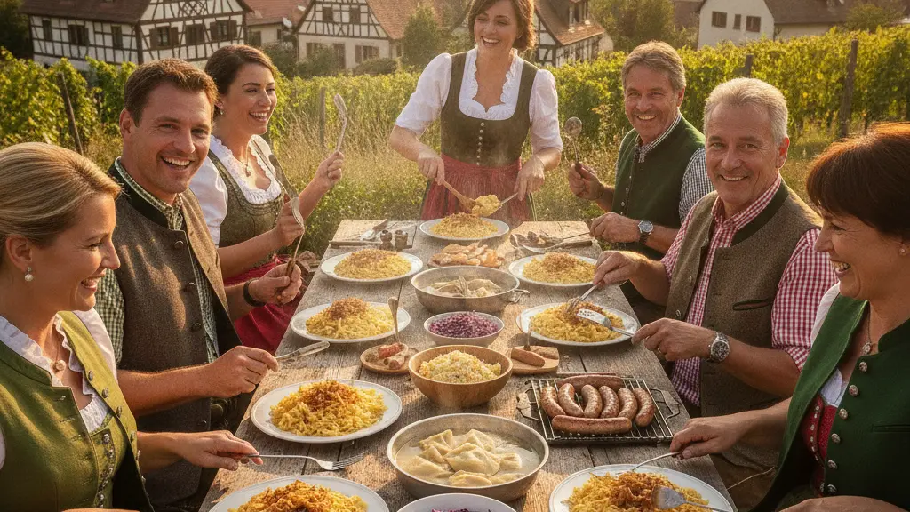 A diverse group of individuals joyfully cooking together at the Baden-Württemberg Day Traditional Food Festival, surrounded by traditional regional dishes and recognizable architectural elements of Baden-Württemberg.