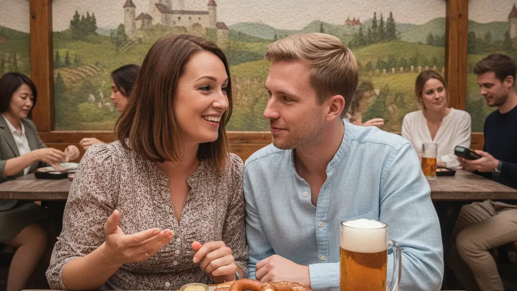 A cheerful German couple at a restaurant table, discussing while enjoying traditional German food and drinks, with subtle cultural elements and other patrons reflecting diverse international tipping practices.