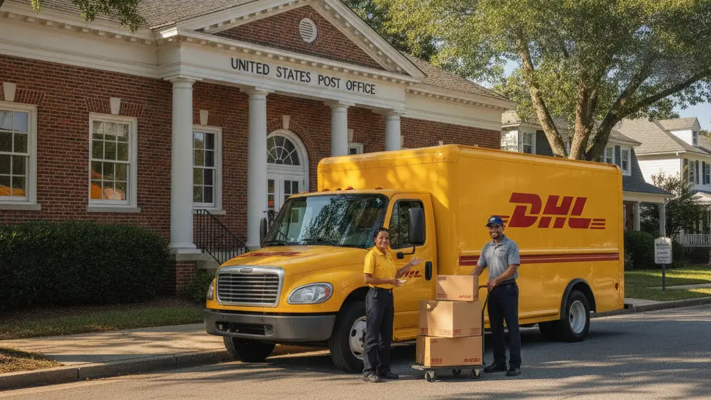 A DHL delivery truck parked in front of a USPS post office in a sunny suburban neighborhood, symbolizing the partnership between DHL and USPS for package deliveries. The scene showcases diverse delivery personnel unloading packages, representing teamwork and efficient service.