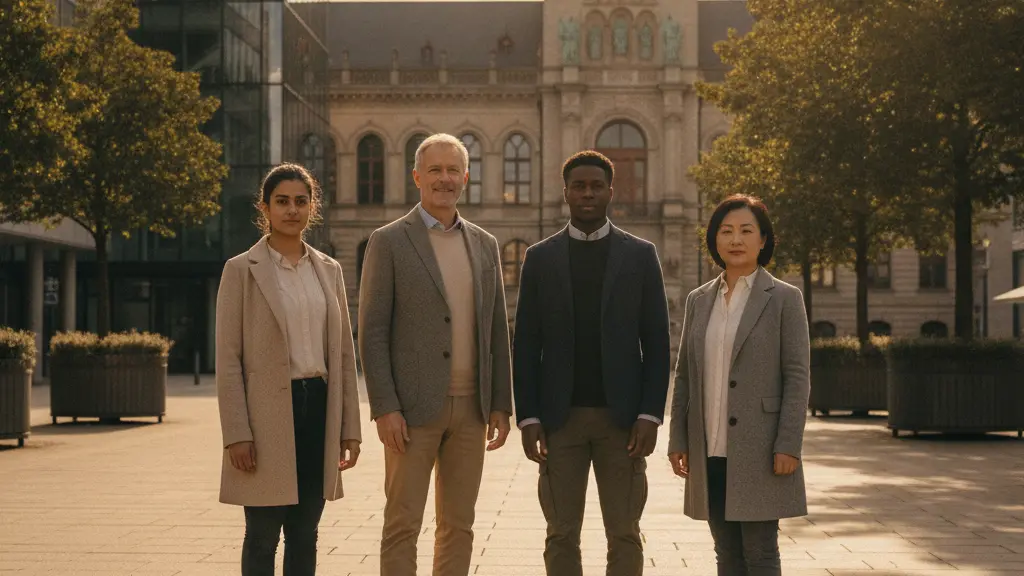 A photorealistic image of a diverse group of four individuals, multi-generational and multicultural, standing shoulder-to-shoulder in a modern German city plaza during golden hour. They look forward with serene, hopeful, and resolute expressions, embodying strength and unity. The background features contemporary architecture blending with a classical German building, symbolizing enduring democratic values. The scene is clean, brightly lit, and conveys stability and a positive future.