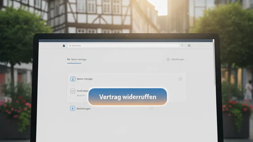 A modern digital interface showcasing a prominent 'Widerrufsbutton' labeled 'Vertrag widerrufen' in a user-friendly format, set against a backdrop of recognizable German and Austrian architectural elements.