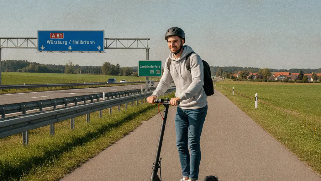 A young man riding an e-scooter on the side of the A 81 highway near Großrinderfeld, Germany, in a vibrant and dynamic pose, with a clear blue sky and lush green fields in the background, showcasing modern mobility.
