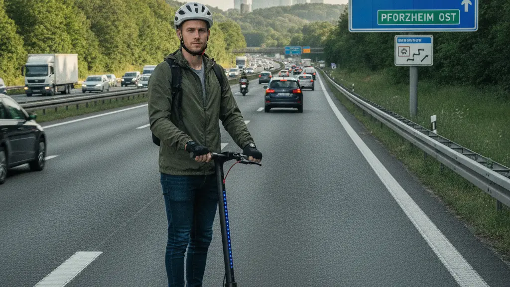 A young man on an E-Scooter confidently standing by the side of a busy highway in Baden-Württemberg, Germany, representing the clash between adventure and safety in urban transport.