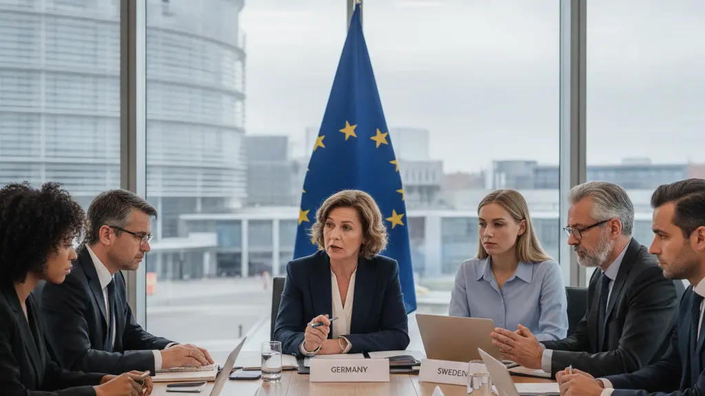 A hyper-realistic portrayal of a meeting among EU ministers discussing the protection status for Ukrainian refugees in a modern conference room, featuring diverse representatives from Germany, France, Sweden, and Poland with a view of the European Parliament building in the background.