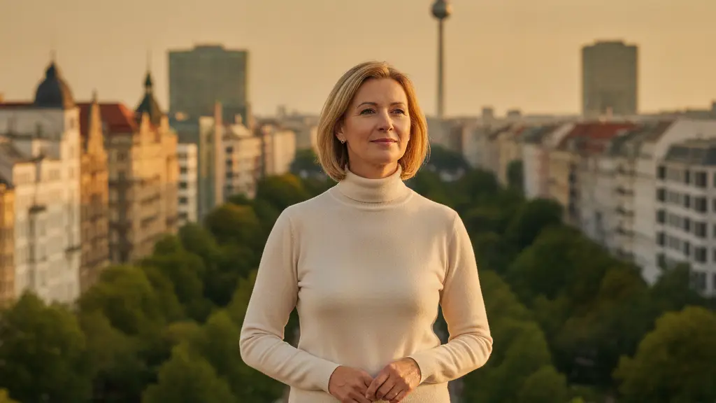 A photorealistic, central portrait of a serene East German woman in her mid-50s, standing composedly in a modern Berlin park. Her gentle smile and reflective gaze convey a strong sense of belonging and peace. In the background, under the warm glow of a golden hour sunset, a unified Berlin cityscape blends historic architecture with contemporary buildings, with the iconic TV Tower subtly visible in the distance. The image is clean, emotionally resonant, and free of any text or symbols, celebrating resilience and hope.