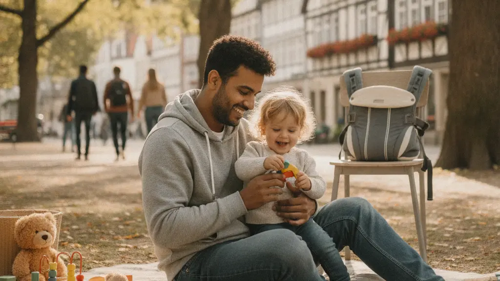A diverse family scene featuring a father nurturing his child, highlighting increased father involvement in parenting under new German parental leave policies, set against a softly blurred backdrop of recognizable German cultural elements.