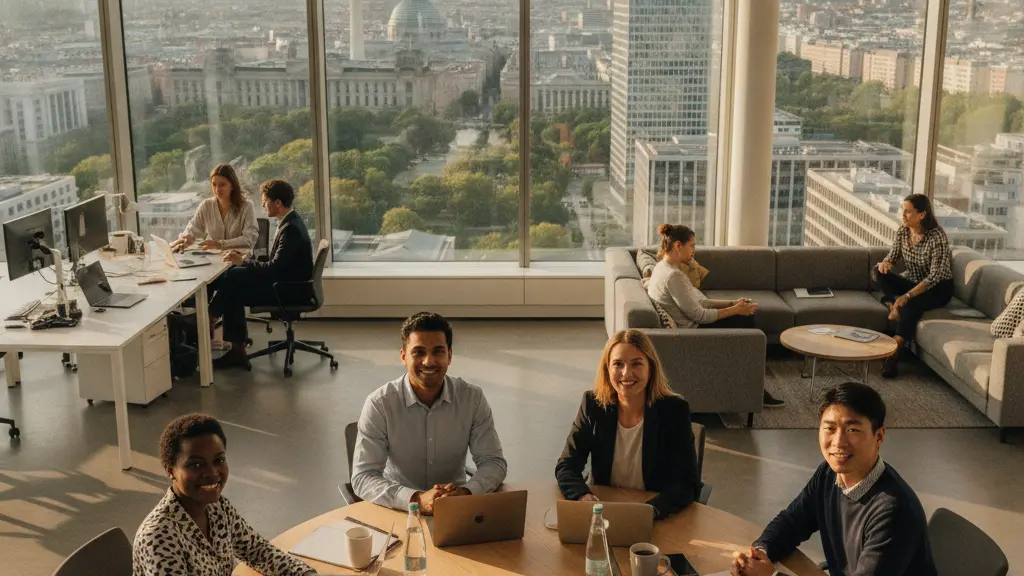 A diverse group of four workers in an office setting, collaboratively engaged around a table with laptops and coffee, set against a backdrop of a scenic cityscape showcasing modern architecture, conveying a positive message about flexible working hours.